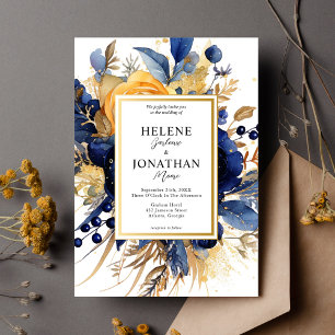 Navy Blue Gold Terracotta Floral Elegant Wedding Invitation