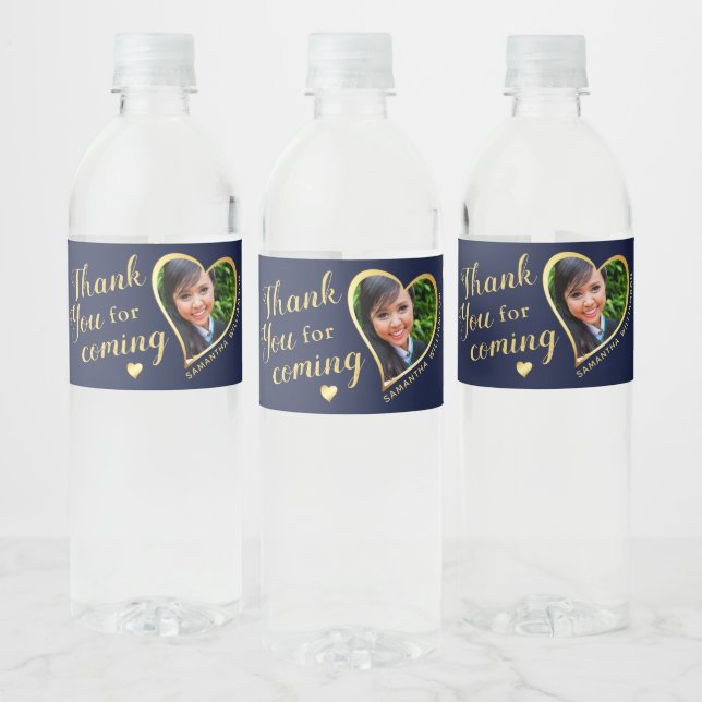 Navy Blue Gold Thank You Graduation Water Bottle Label (Bottles)