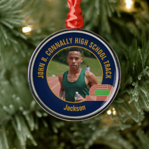 Navy Blue Gold Track & Field Photo Christmas Metal Tree Decoration