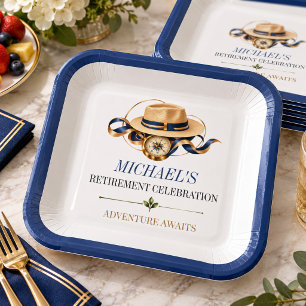 Navy Blue Gold Travel Retirement Party Celebration Paper Plate