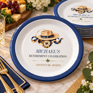 Navy Blue Gold Travel Retirement Party Celebration Paper Plate