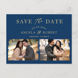 Navy Blue Gold Trendy 2 Photo Save the Date Postcard