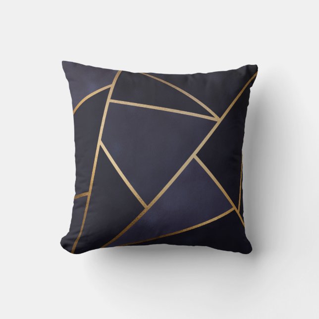 Navy Blue Gold Triangles Geometric Elegant Classy Cushion (Front)