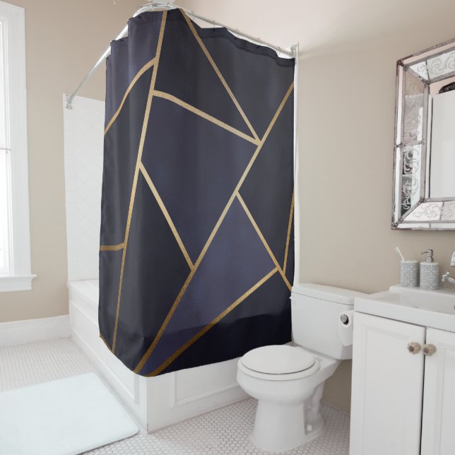 Navy Blue Gold Triangles Geometric Elegant Classy Shower Curtain (In Situ)