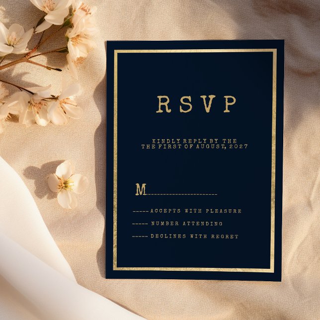 Navy blue gold typewriter font rustic RSVP Invitation (Navy blue gold typewriter font rustic RSVP )