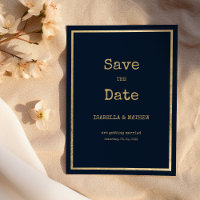 Navy blue gold typewriter font Save the Date