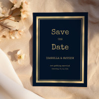 Navy blue gold typewriter font Save the Date