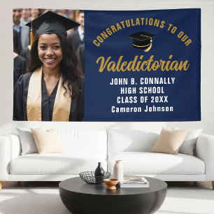 Navy Blue Gold Valedictorian Graduation Party Banner