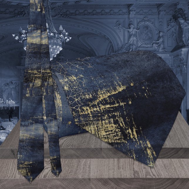 Navy Blue & Gold Veining Modern Wedding Neck Tie (Creator Uploaded)