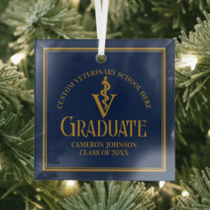 Navy Blue Gold Veterinary Graduation Christmas Glass Tree Decoration