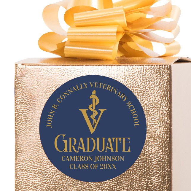 Navy Blue Gold Veterinary School Graduation Party Classic Round Sticker (Creator Uploaded)