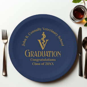 Navy Blue Gold Veterinary School Graduation Party Paper Plate