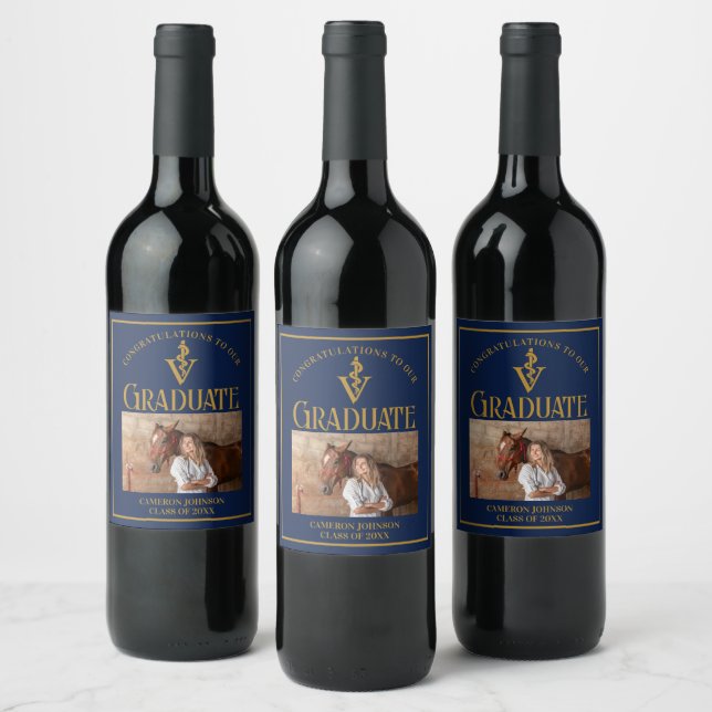 Navy Blue Gold Veterinary School Graduation Party Wine Label (Bottles)