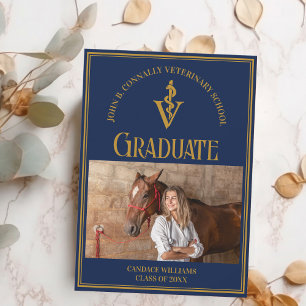 Navy Blue Gold Veterinary School Photo Graduation Announcement