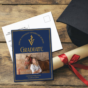 Navy Blue Gold Veterinary School Photo Graduation Announcement Postcard