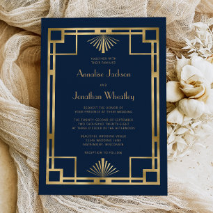 Navy Blue Gold Vintage 1920s Deco Frame Wedding Invitation