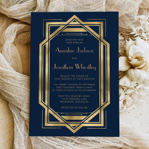 Navy Blue Gold Vintage 1920s Deco Frame Wedding Invitation