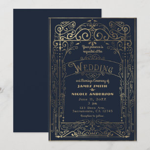 Navy Blue & Gold Vintage Victorian Deco Wedding Invitation