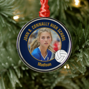 Navy Blue Gold Volleyball Player Photo Christmas Metal Tree Decoration