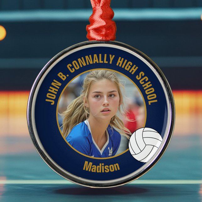 Navy Blue Gold Volleyball Player Photo Christmas Metal Tree Decoration (Creator Uploaded)