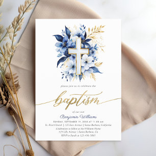 Navy Blue & Gold Watercolor Baptism  Invitation