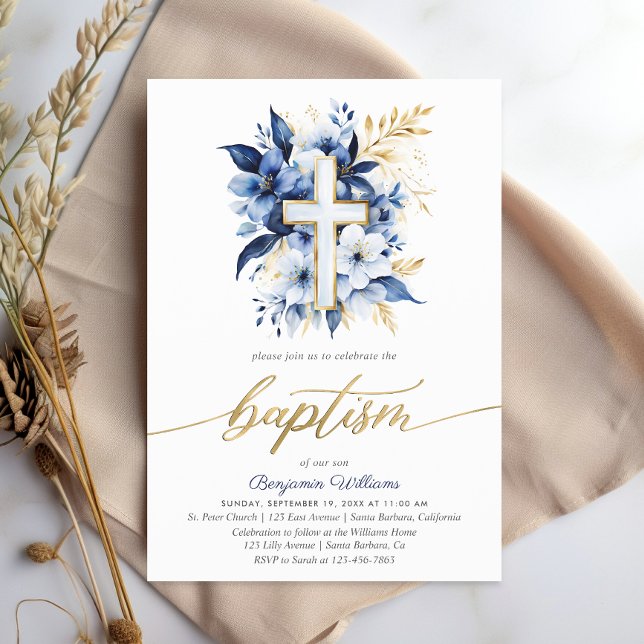 Navy Blue & Gold Watercolor Baptism  Invitation (Creator Uploaded)