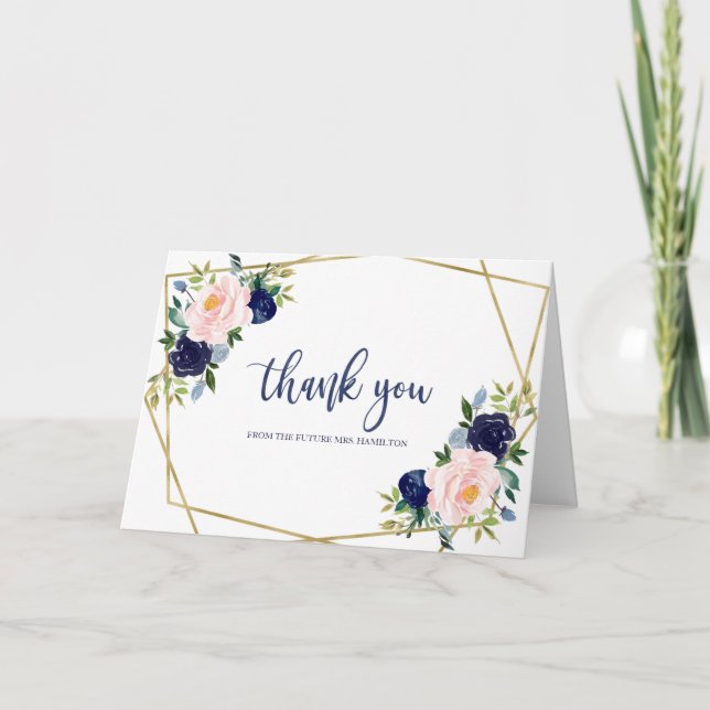 Navy Blue Gold Watercolor Bridal Shower Thank You Card (Front)