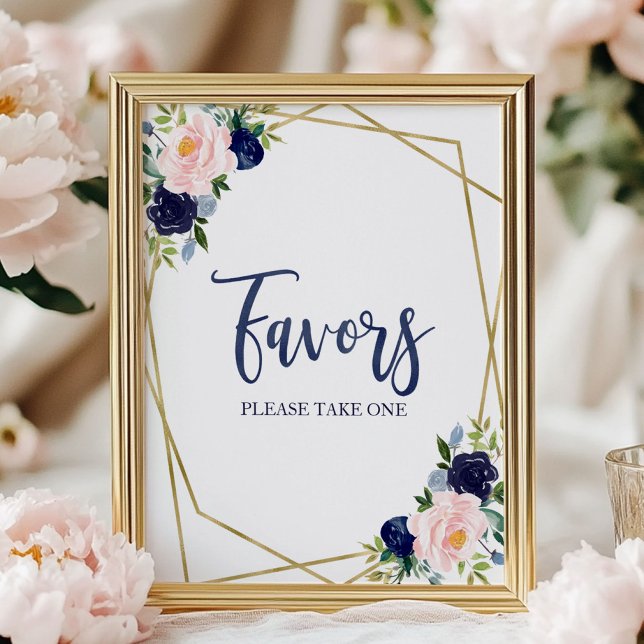 Navy Blue Gold  Watercolor Floral Favours Sign (Creator Uploaded)