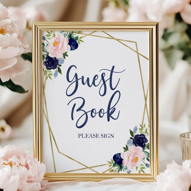 Navy Blue Gold Watercolor Floral Guest Book Sign (Creator Uploaded)