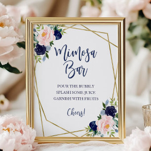 Navy Blue Gold Watercolor Floral Mimosa Bar Sign