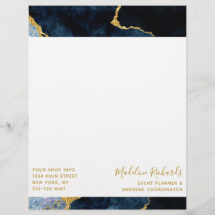 Navy Blue & Gold Watercolor Marble Agate Gilded Custom Letterhead