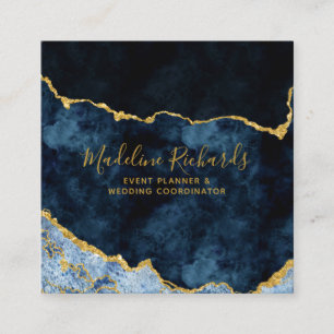 Navy Blue & Gold Watercolor Marble Agate Gilded Square Business Card