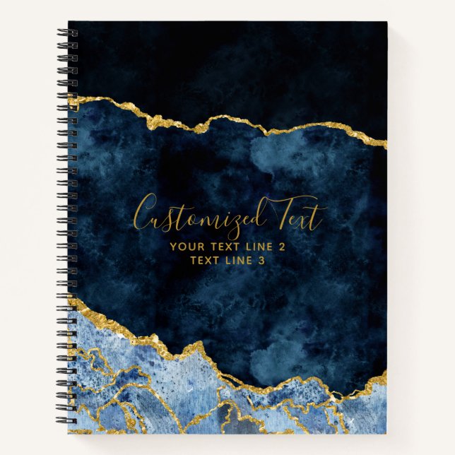 Navy Blue & Gold Watercolor Marble Agate Gilt Notebook (Front)