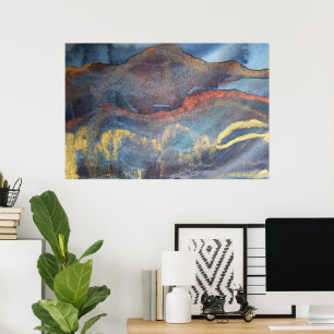 Navy Blue & Gold Watercolor Marble Modern Abstract Poster