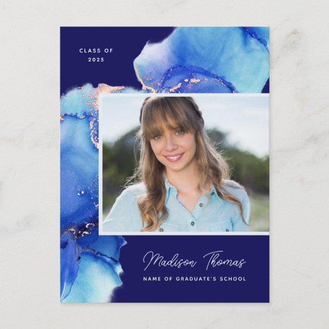Navy Blue Gold Watercolor Photo Graduation Postcard (Front)