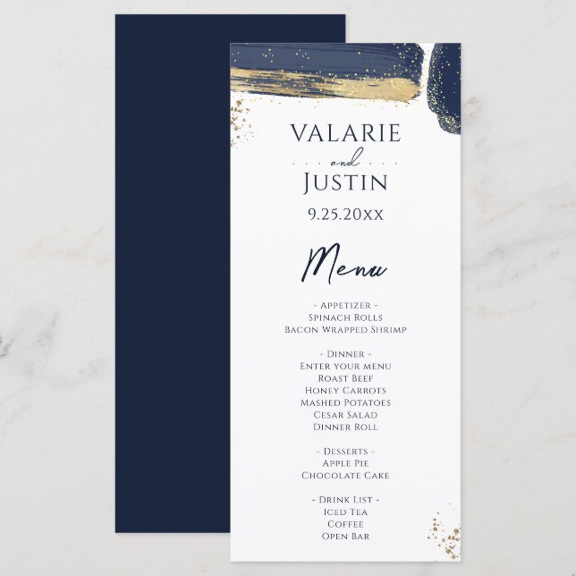 Navy Blue Gold Watercolor Wedding  Menu (Front/Back)