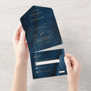 Navy Blue & Gold  Wedding  All In One Invitation