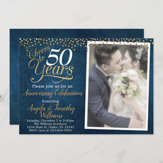 Navy Blue Gold Wedding Anniversary Invitation (Front/Back)