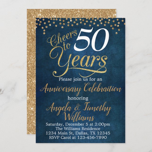 Navy Blue Gold Wedding Anniversary Invitation (Front/Back)