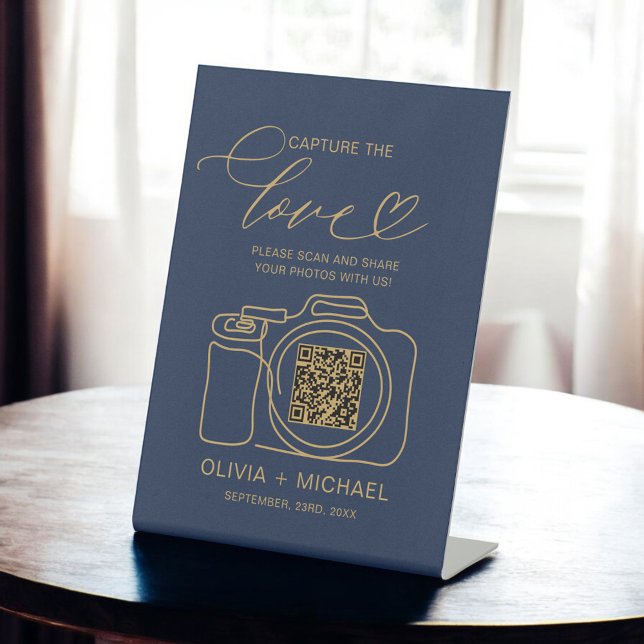 Navy Blue Gold Wedding Capture The Love QR Code  Pedestal Sign (Creator Uploaded)