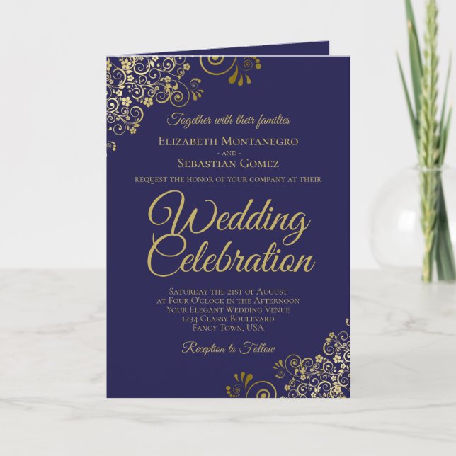 Navy Blue & Gold Wedding Invitation & Program (Front)