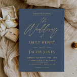 Navy Blue Gold Wedding Modern Typography Script Invitation<br><div class="desc">Introducing our Navy Blue Gold Wedding Modern Typography Script Invitation: Make a statement with our elegant wedding invitations featuring modern typography and luxurious black and gold accents. Crafted with meticulous attention to detail, these invitations exude sophistication and style, setting the tone for your special day. The sleek black background is...</div>