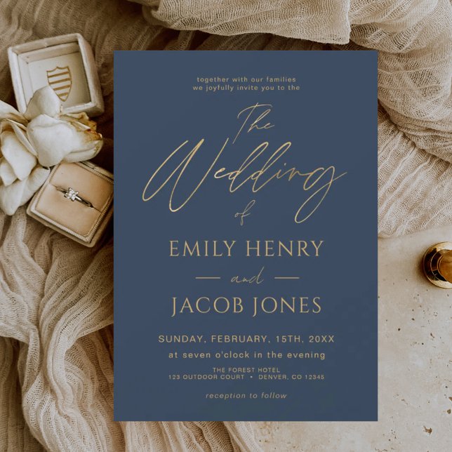 Navy Blue Gold Wedding Modern Typography Script Invitation (Creator Uploaded)