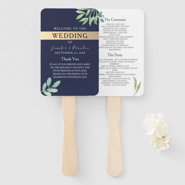 Navy Blue Gold Wedding Program Hand Fan (Front and Back)