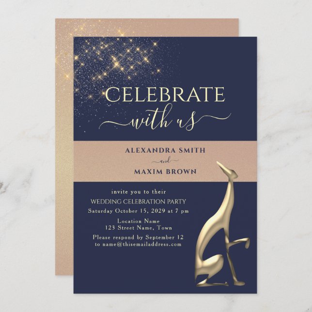 Navy Blue Gold Wedding Reception Invitation (Front/Back)