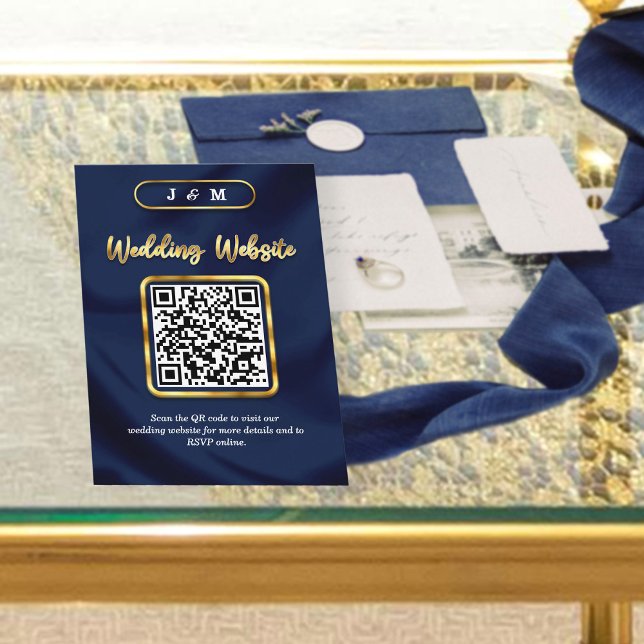 Navy Blue & Gold Wedding Website QR Code Custom   Enclosure Card (Creator Uploaded)