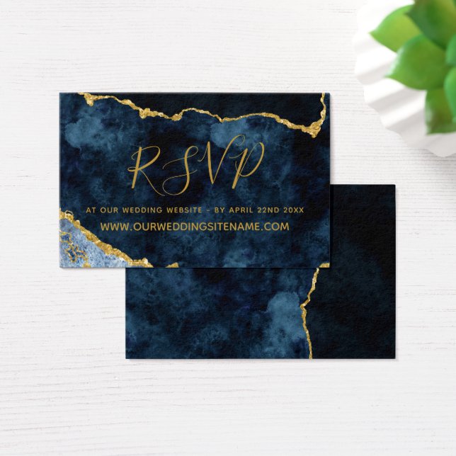 Navy Blue Gold Wedding Website RSVP Insert Cards (Desk)