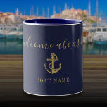 Navy Blue Gold Welcome Aboard Nautical Boat Name Two-Tone Coffee Mug<br><div class="desc">Elegant personalised welcome aboard design featuring your boat or captain's name set in classic gold text on a navy blue background. Designed by Thisisnotme©</div>