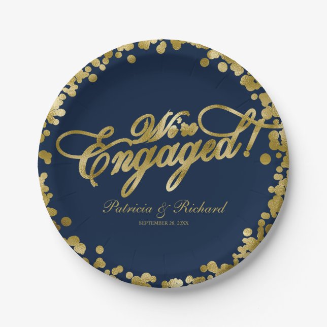 Navy Blue Gold We're Engaged Engagement Party Paper Plate (Front)