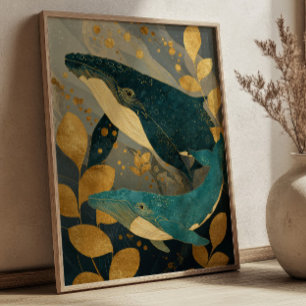 Navy Blue& Gold Whale Illustration Kintsugi Ocean Poster